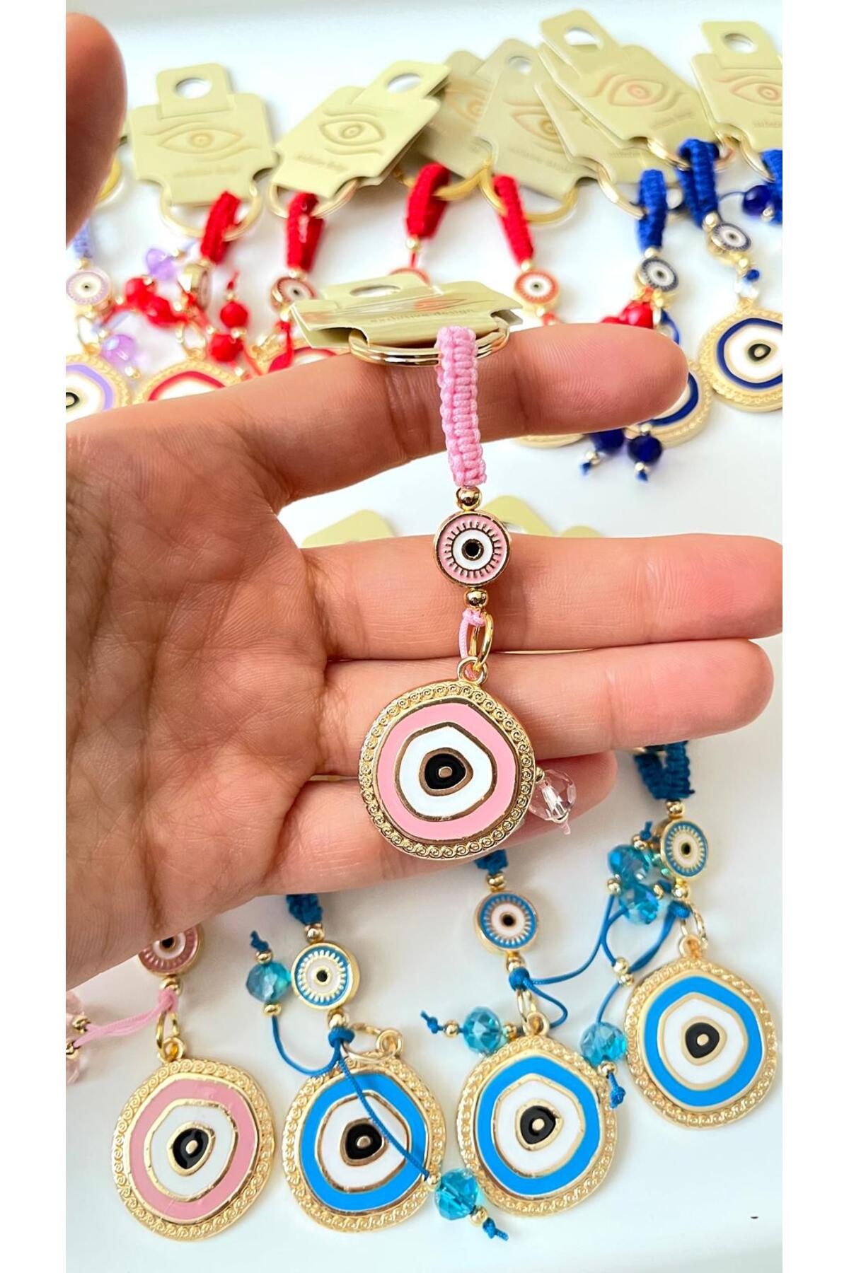 Brianna Gold-Plated Evil Eye Bead Keychain - Pink and Blue Evil Eye