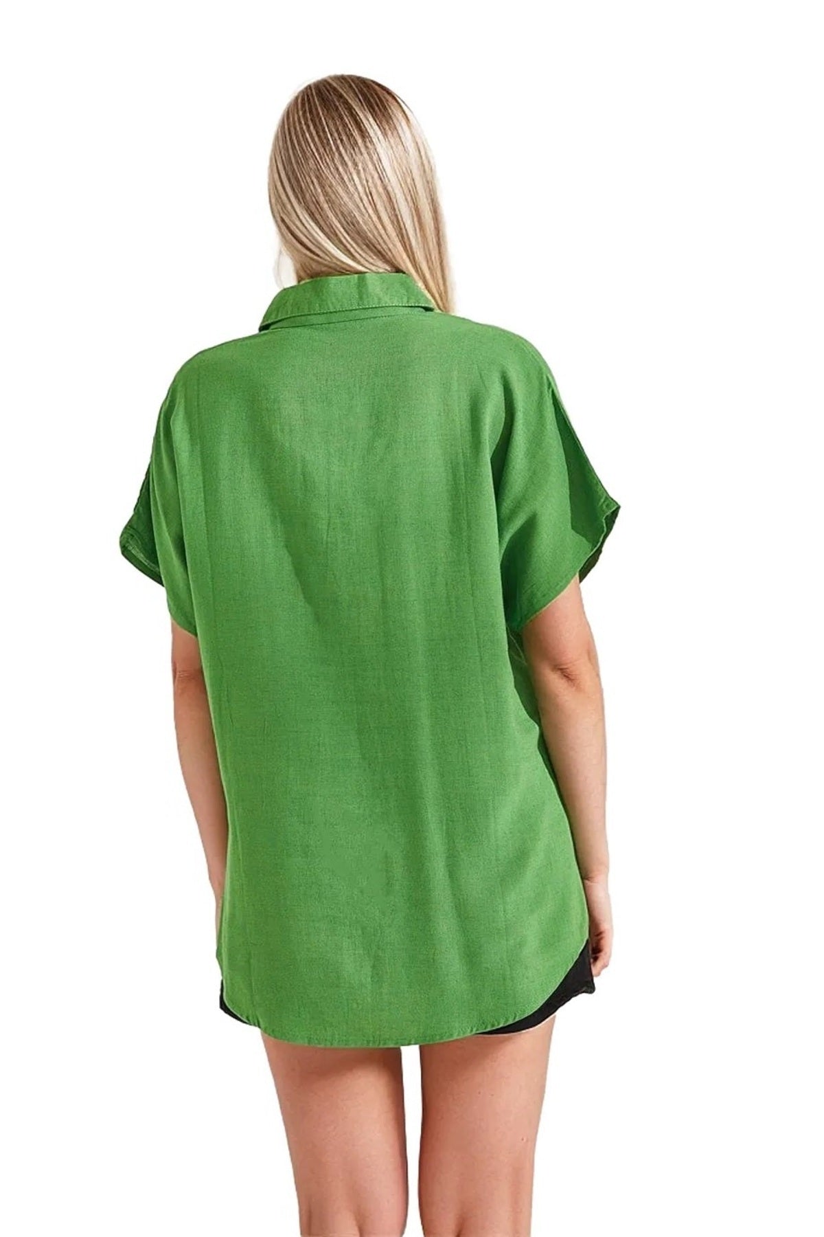Jocelyn Women's Linen-Viscose Blend Oversized Short Sleeve Batwing Shirt - Pistachio Green