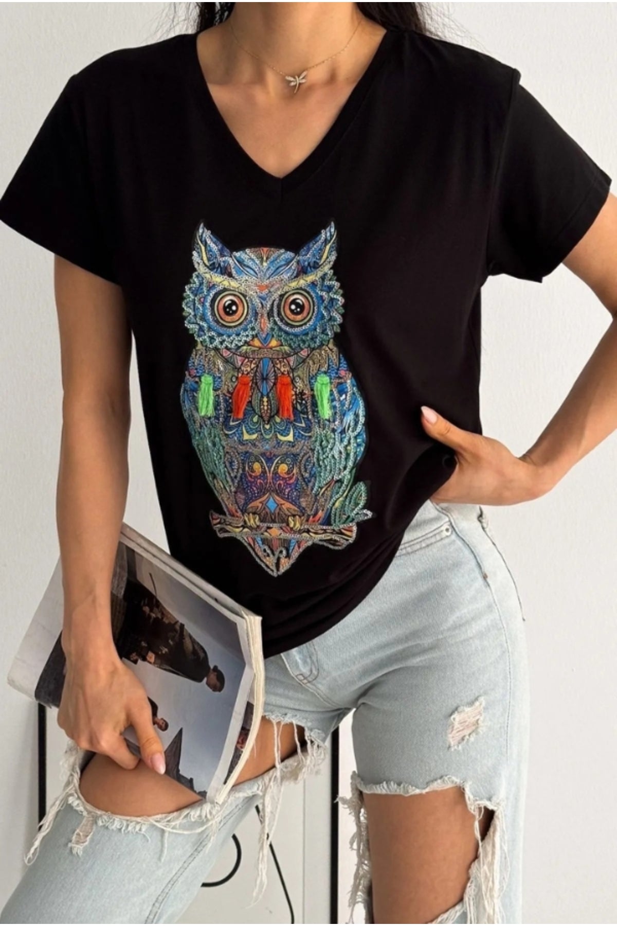 Olivia Women's Cotton Plus Size Embellished V-Neck T-Shirt - Black Owl Print
