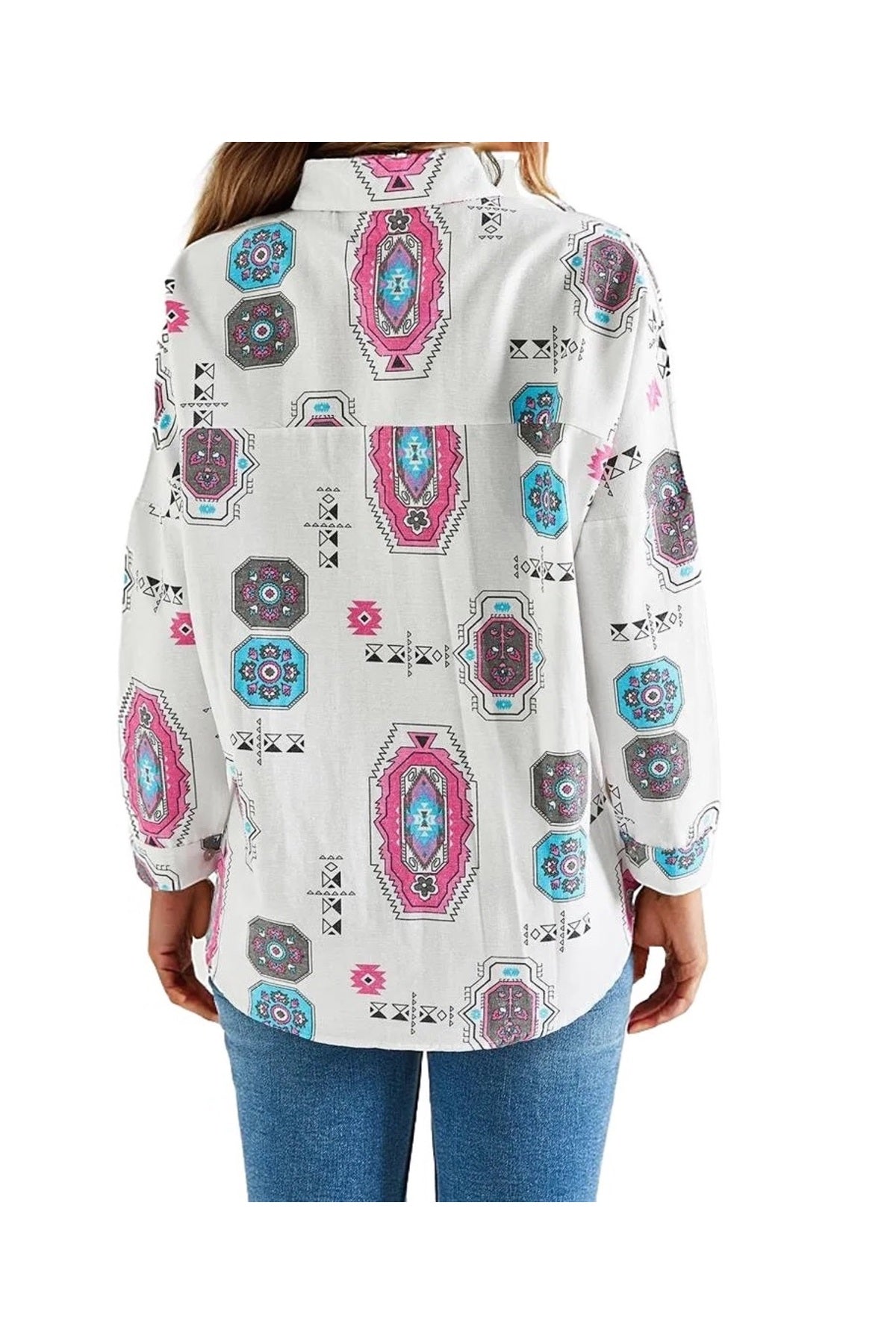 Emilia Women's Linen-Viscose Blend Oversized Printed Shirt - Pink Boho Print
