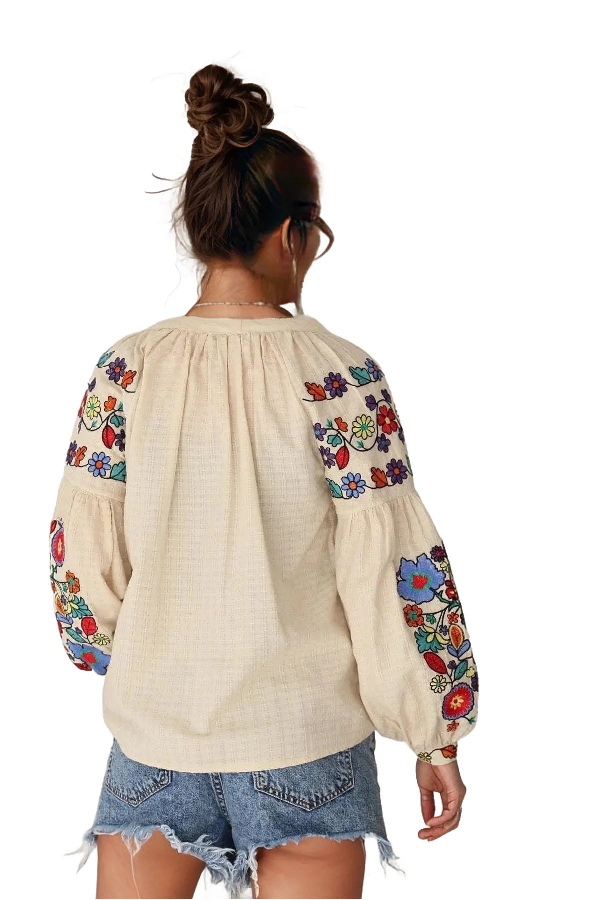 Rosemary Women's Floral Embroidered Sleeve Blouse - Beige