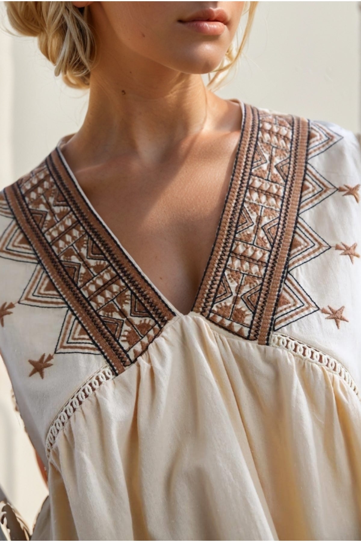 Pippa Women's Cotton Floral Embroidered Long Sleeve Blouse - Beige and Brown