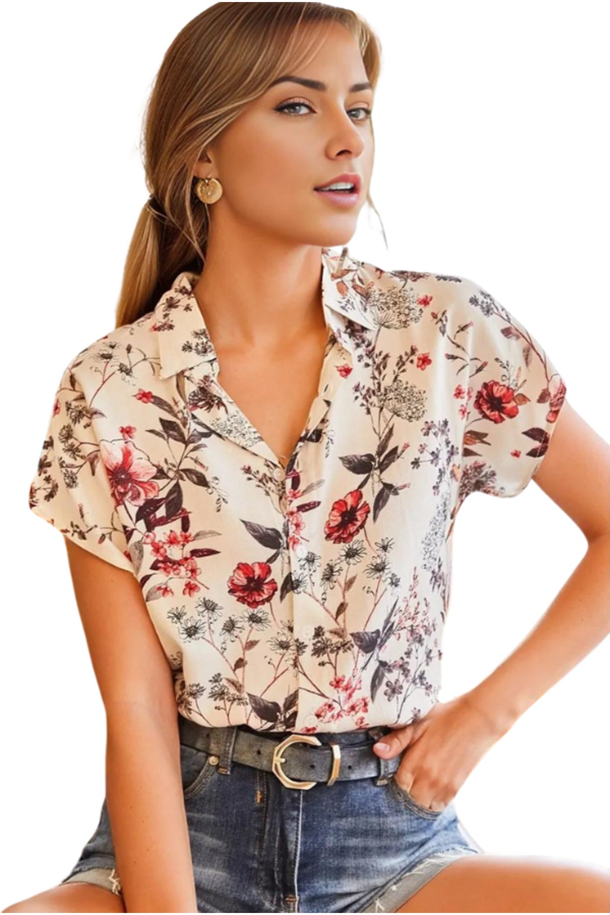 Charlotte Women's Short Sleeve Batwing Shirt - Red Floral