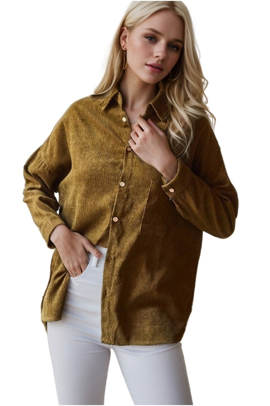 Juliet Women's Oversized Corduroy Pocket Shirt - Army Green