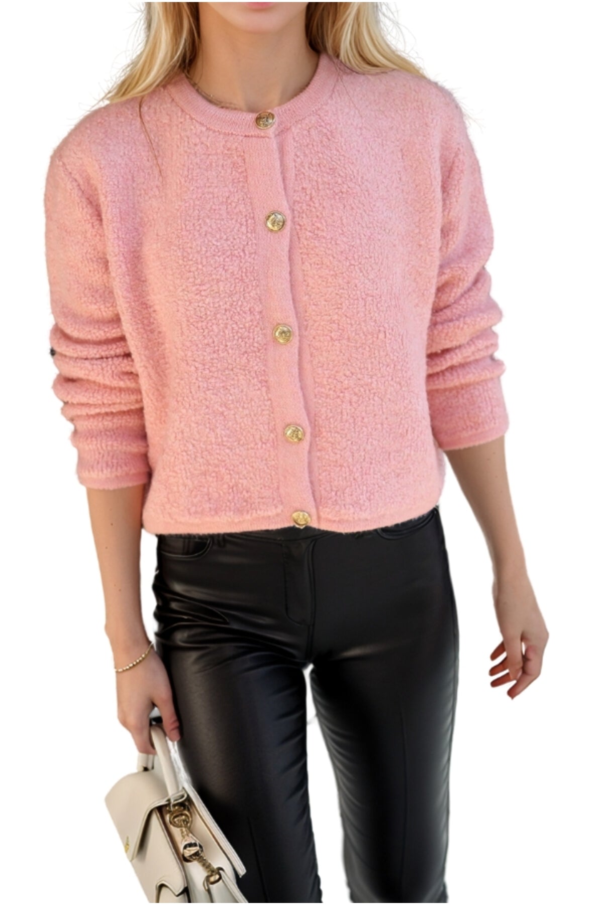 Kayla Women's Gold-Tone Button Teddy Cardigan - Pink