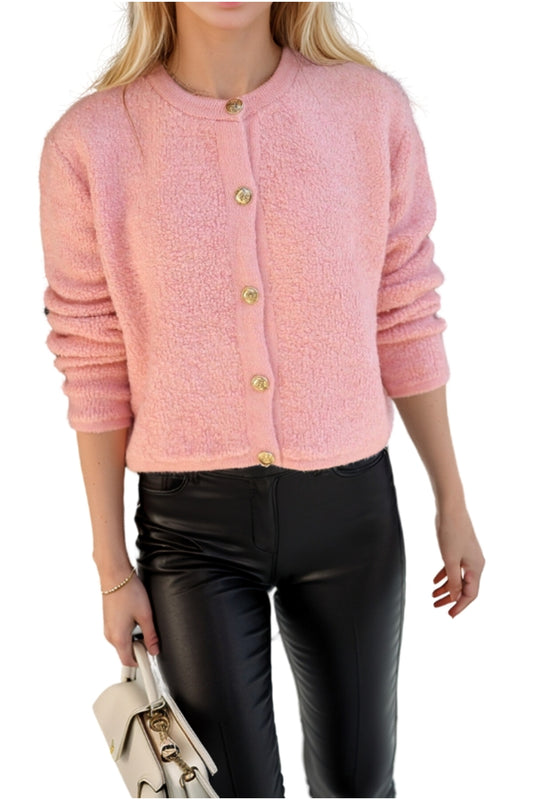 Kayla Women's Gold-Tone Button Teddy Cardigan - Pink
