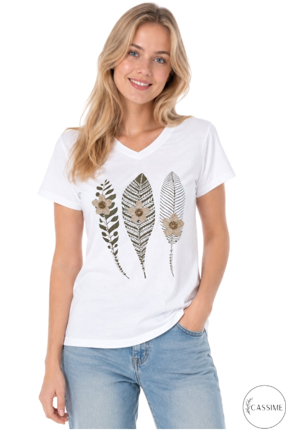Emma Women's Cotton Embellished T-Shirt - White Feather and Floral Print