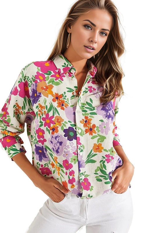 Emilia Women's Linen Blend Oversized Printed Shirt - Fuchsia Multicolor Floral