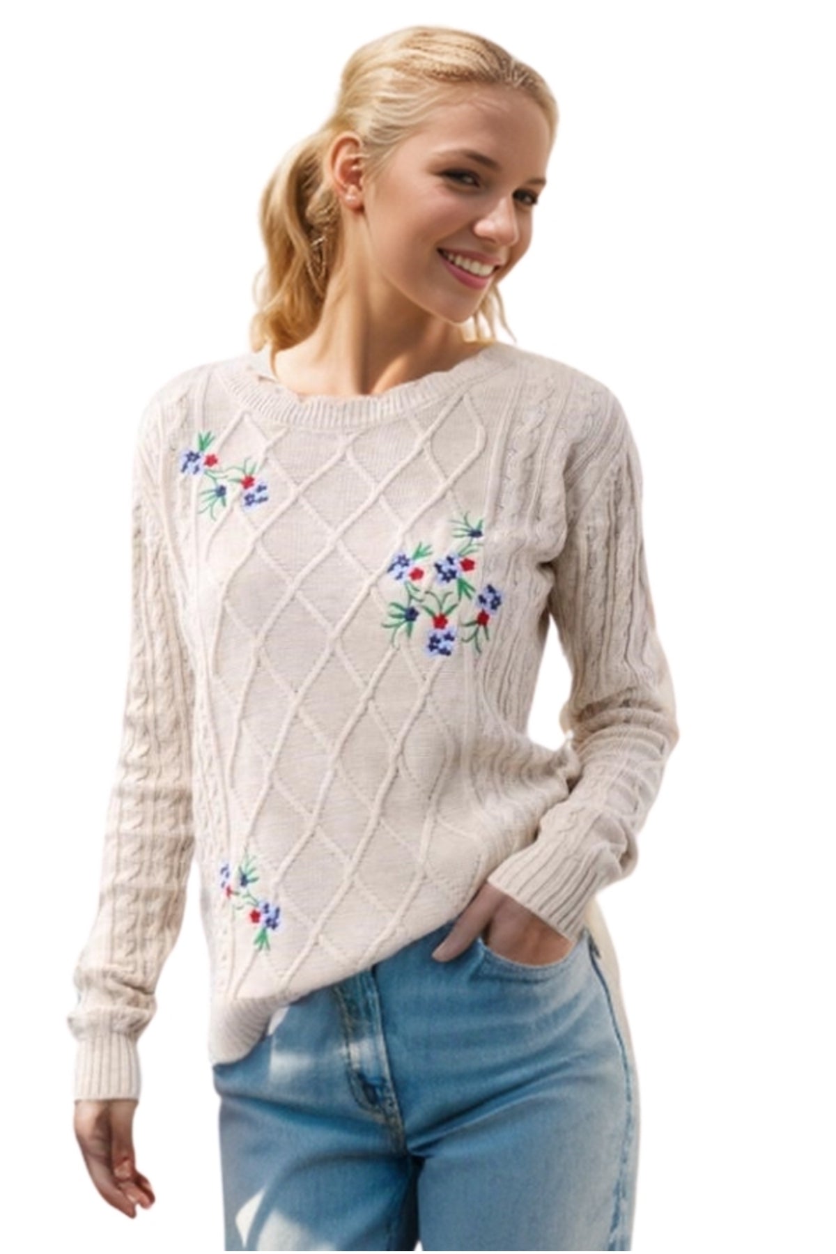 Martha Women's Floral Embroidered Long Sleeve Sweater - Beige Floral Embroidery