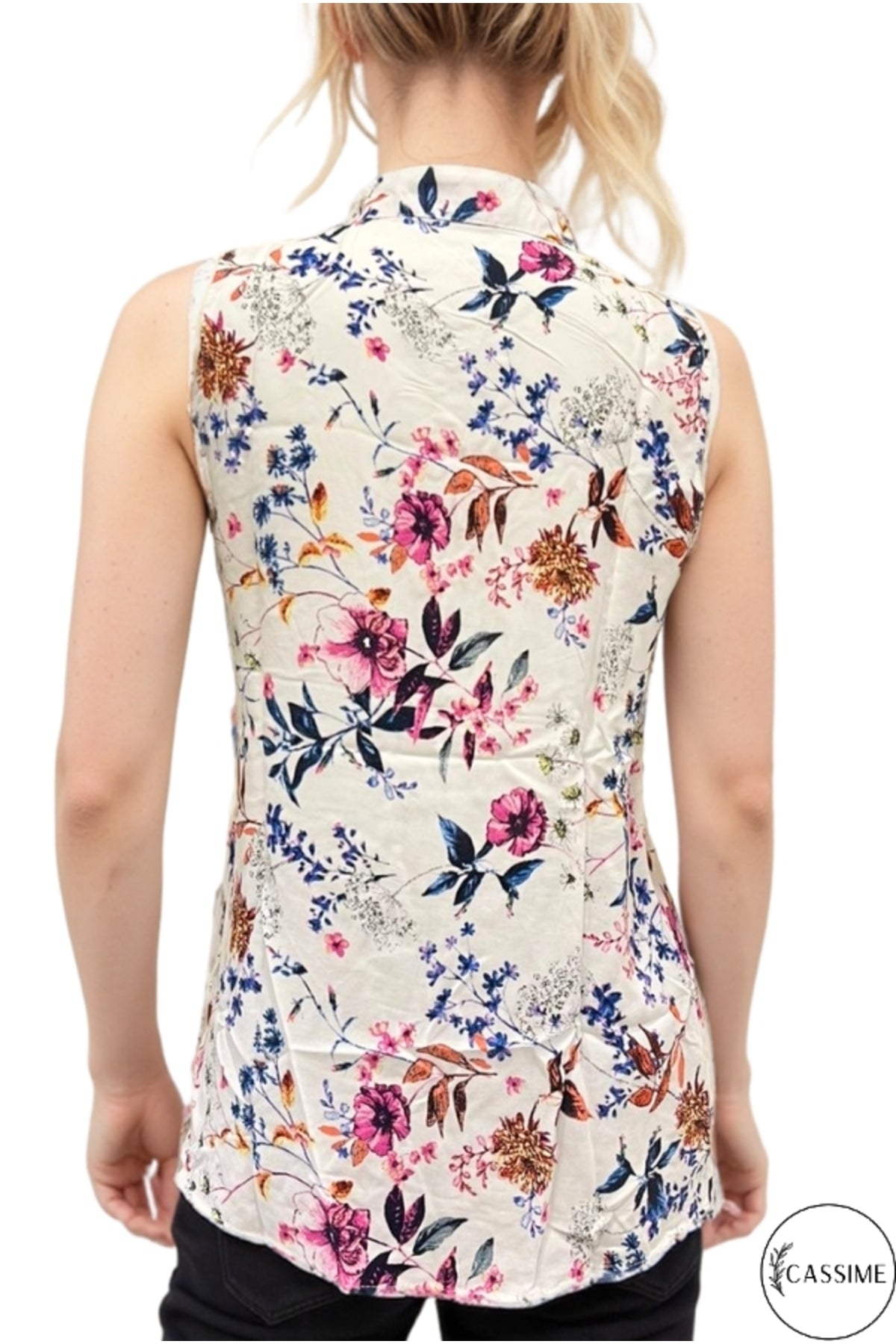 Daisy Women's Sleeveless Button-Up Shirt - Ecru and Purple Floral