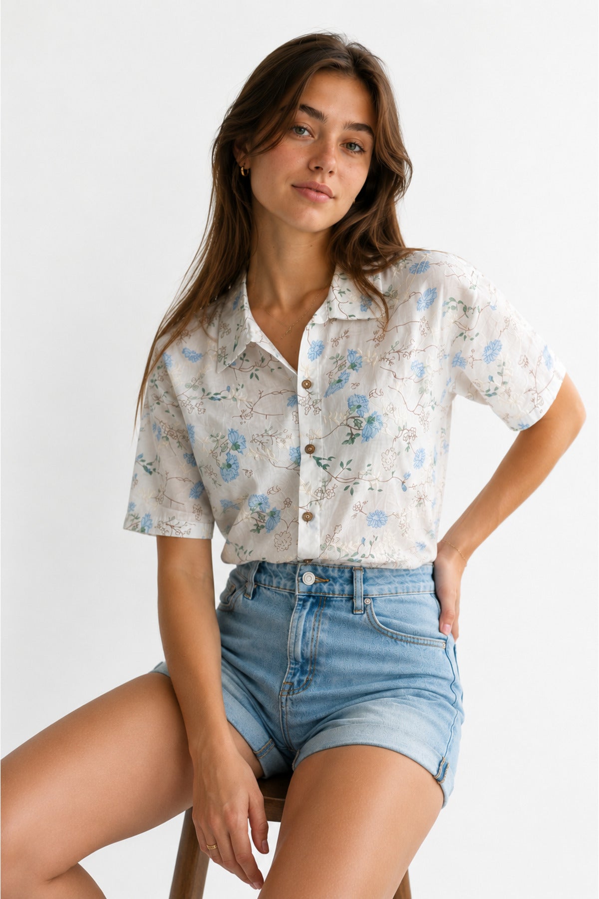 Women's Blue Lotus Floral Embroidered Cotton Short Sleeve Shirt - product photo 6