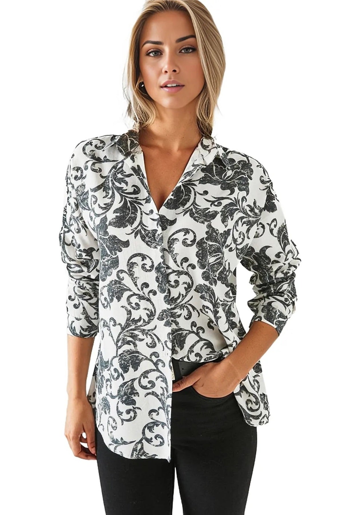 Emilia Women's Linen-Viscose Blend Oversized Printed Shirt - Black Paisley
