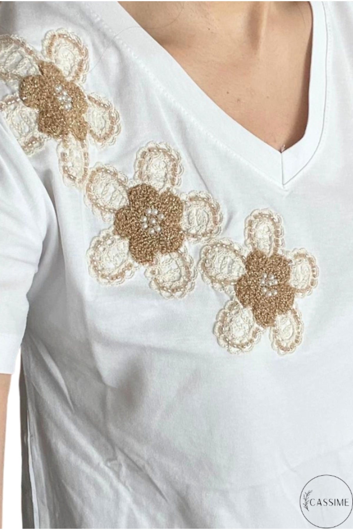 Emma Women's Cotton Embellished T-Shirt - Beige Floral Embroidery