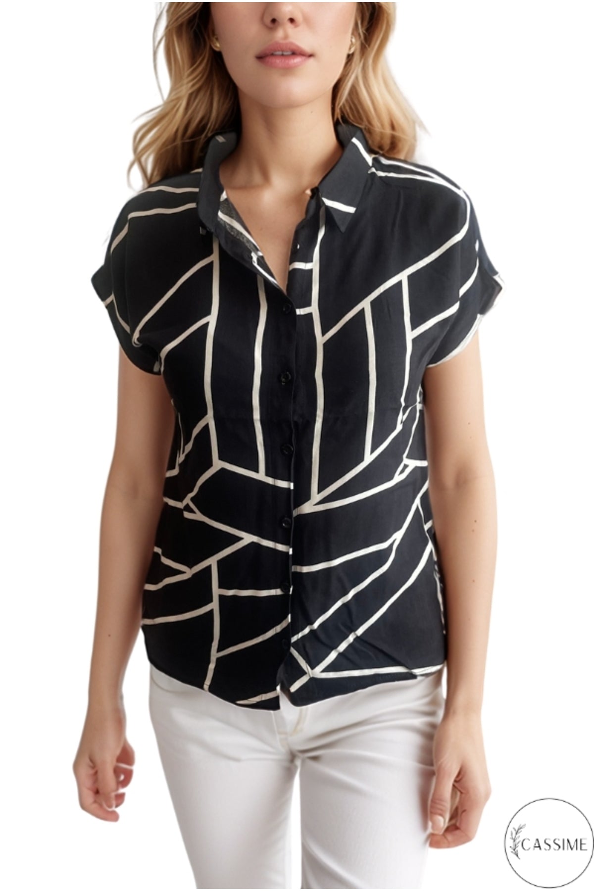 Charlotte Women's Short Sleeve Batwing Shirt - Black and White Geometric Print