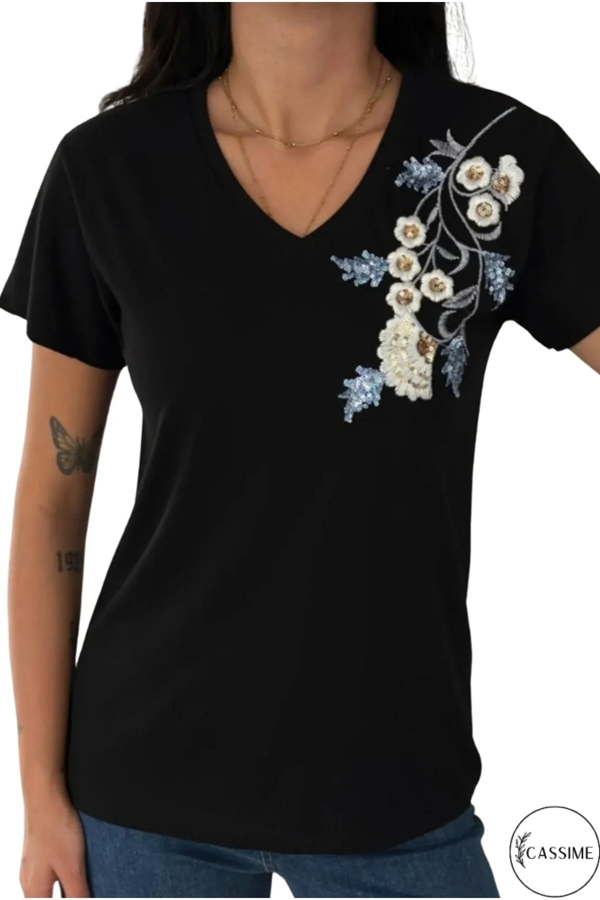 Tilda Black Floral Sequin Cotton T-Shirt