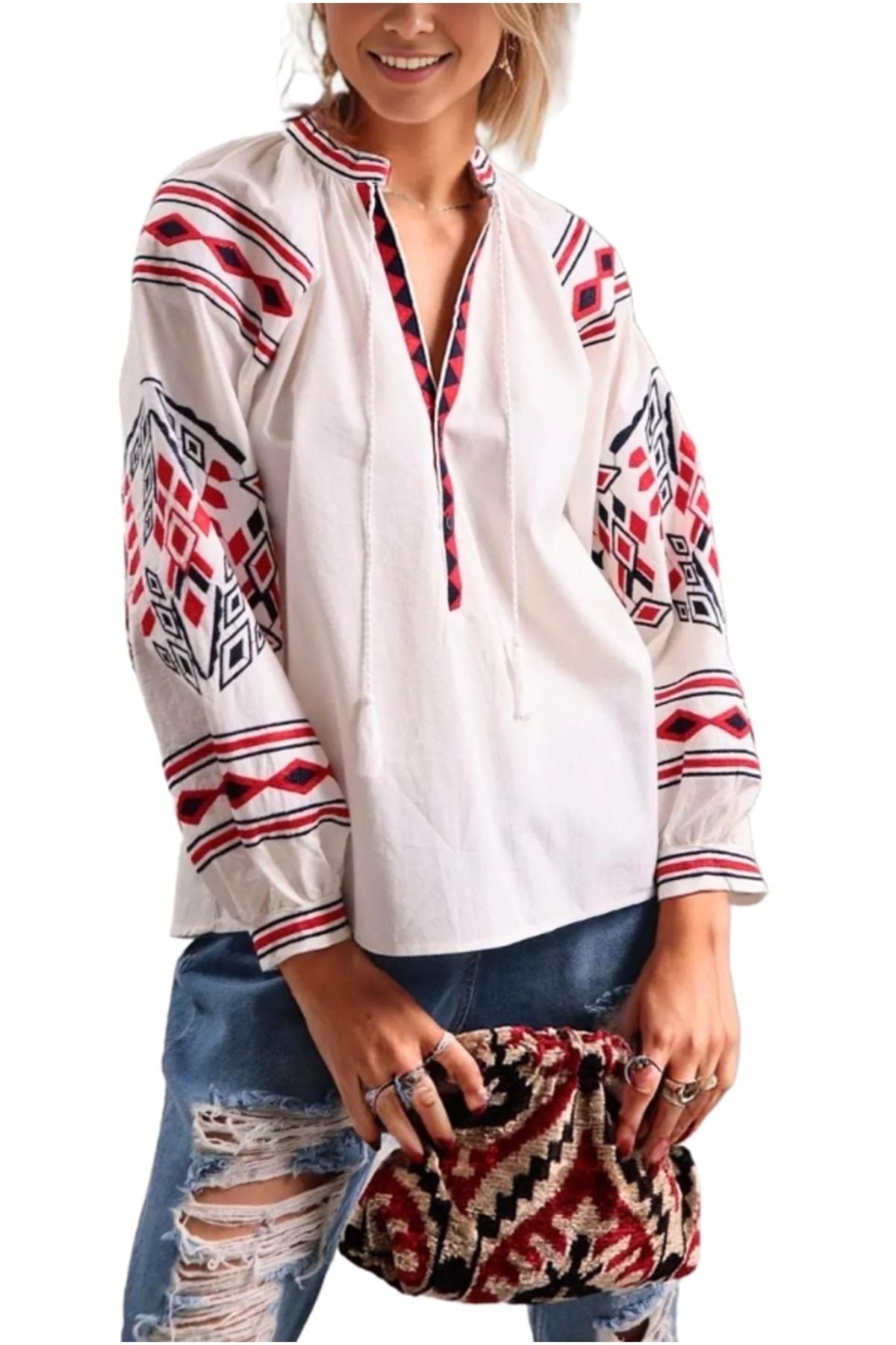 Winifred Women's Cotton Vintage Inspired Embroidered Blouse - White