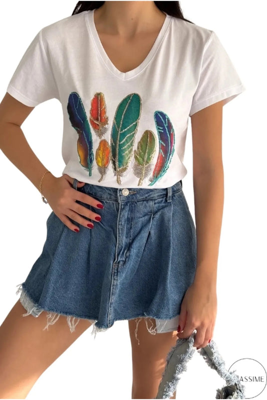 Sophie Women's Cotton Embellished V-Neck T-Shirt - White Four Feather Print