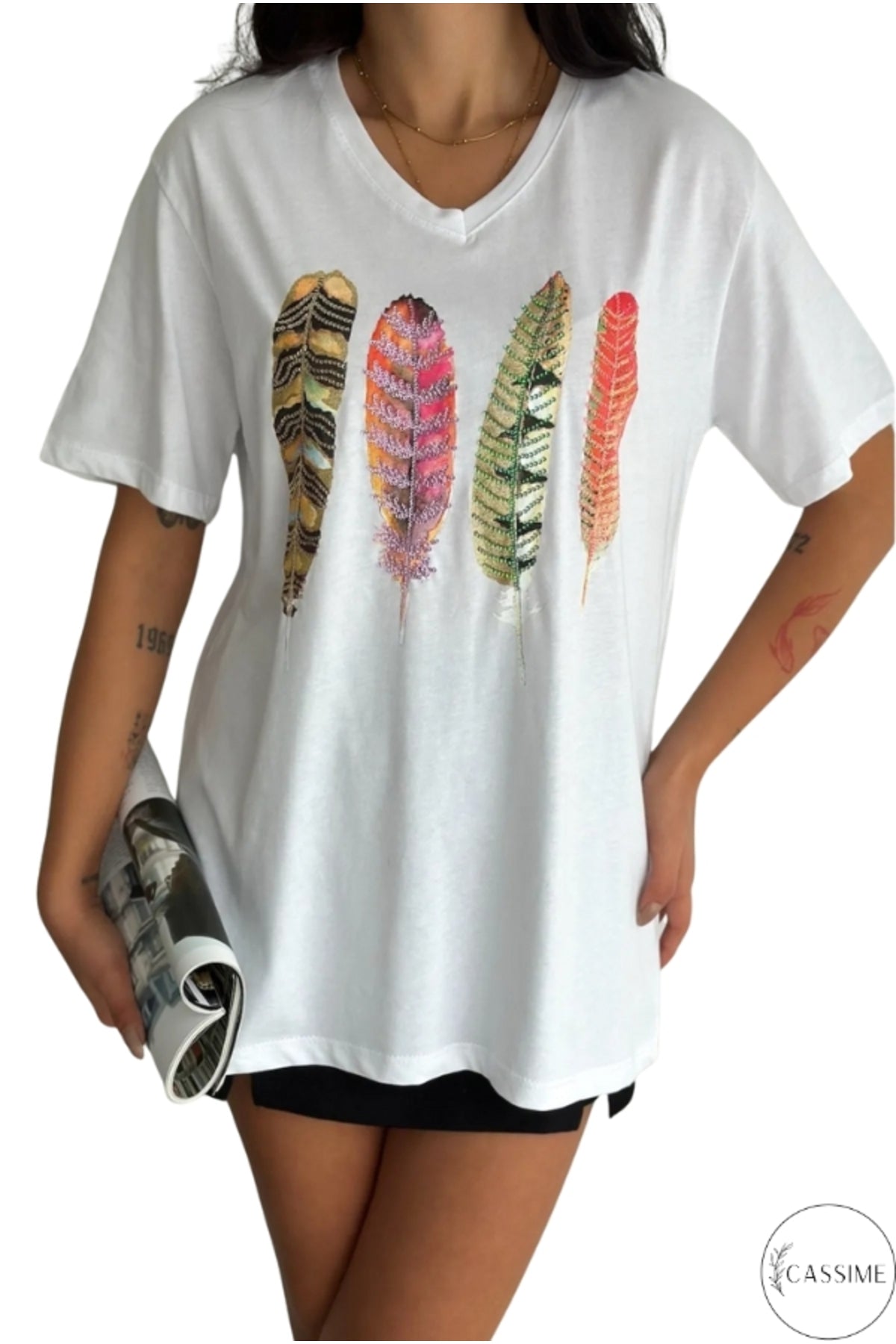 Sophie Women's Cotton Embellished V-Neck T-Shirt - White Four Multicolor Feathers Print