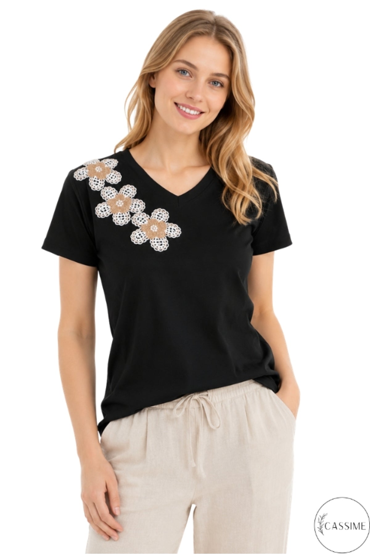 Emma Women's Cotton Embellished T-Shirt - Black Three Flower Knit