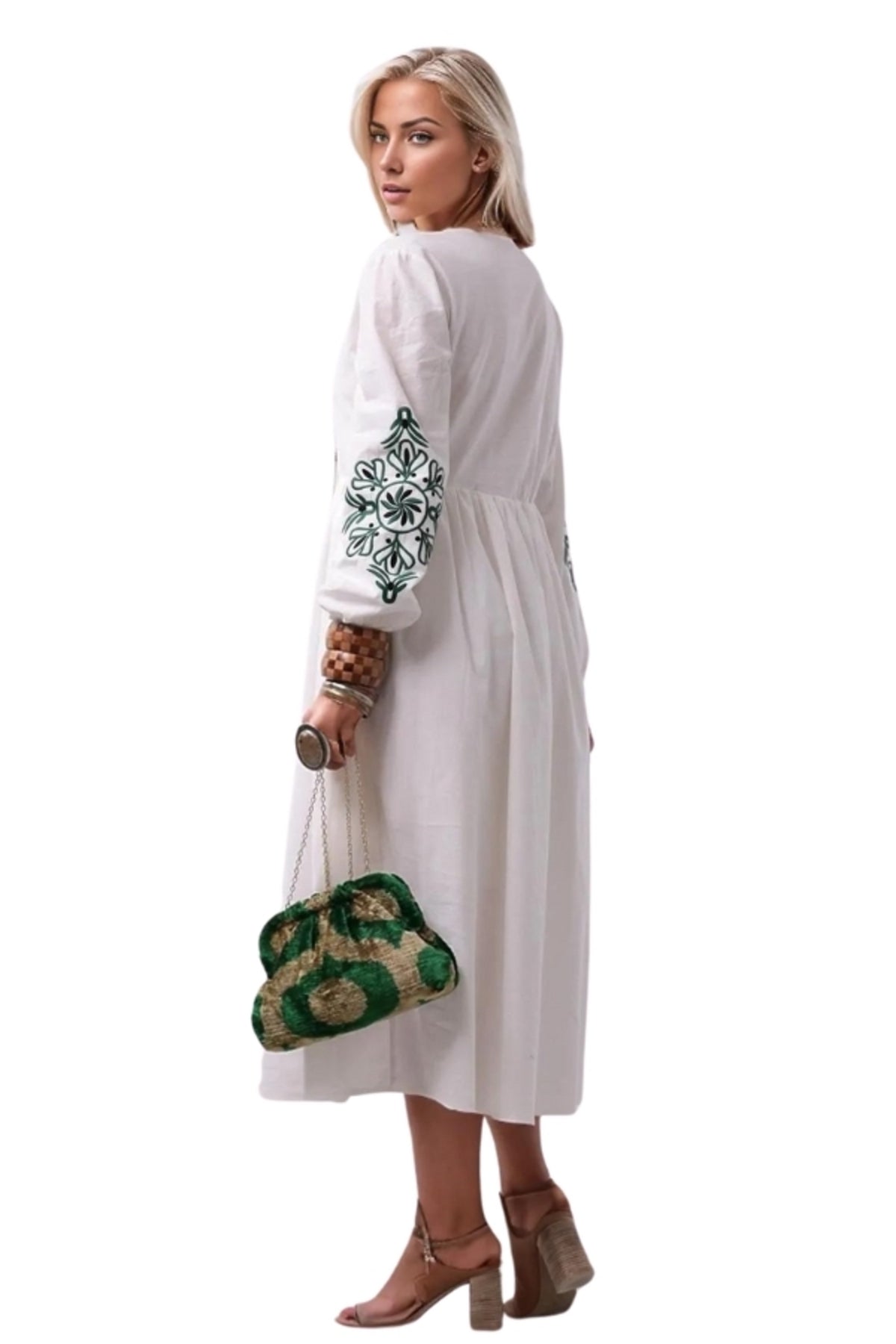 Maria Women's Embroidered Boho Split-Neck Dress - White with Green Embroidery