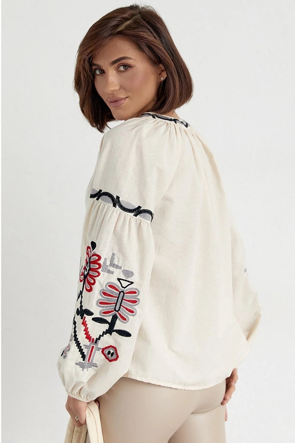 Rosa Women's Cotton Embroidered Long Sleeve Tie Blouse - Cream