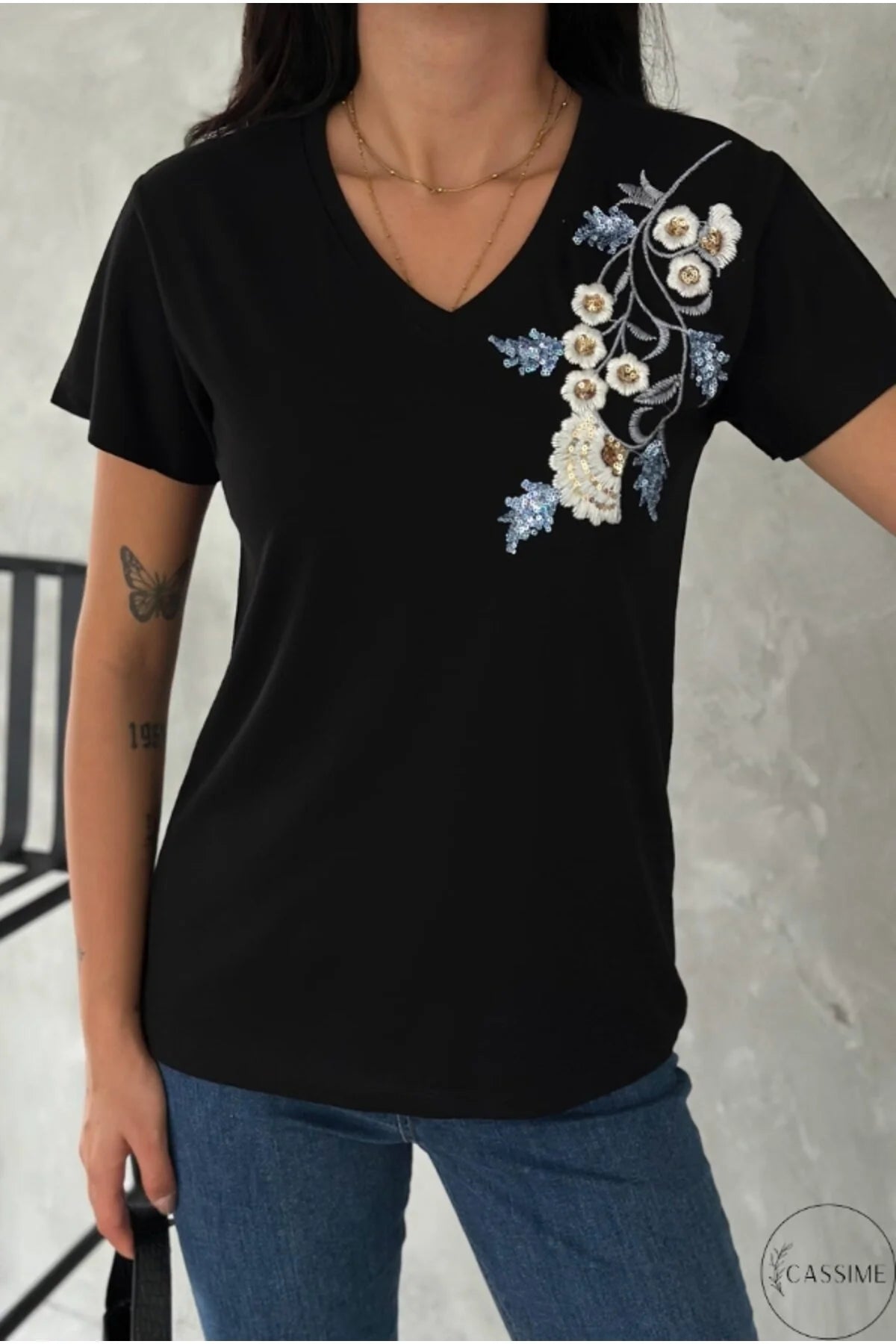 Tilda Black Floral Sequin Cotton T-Shirt