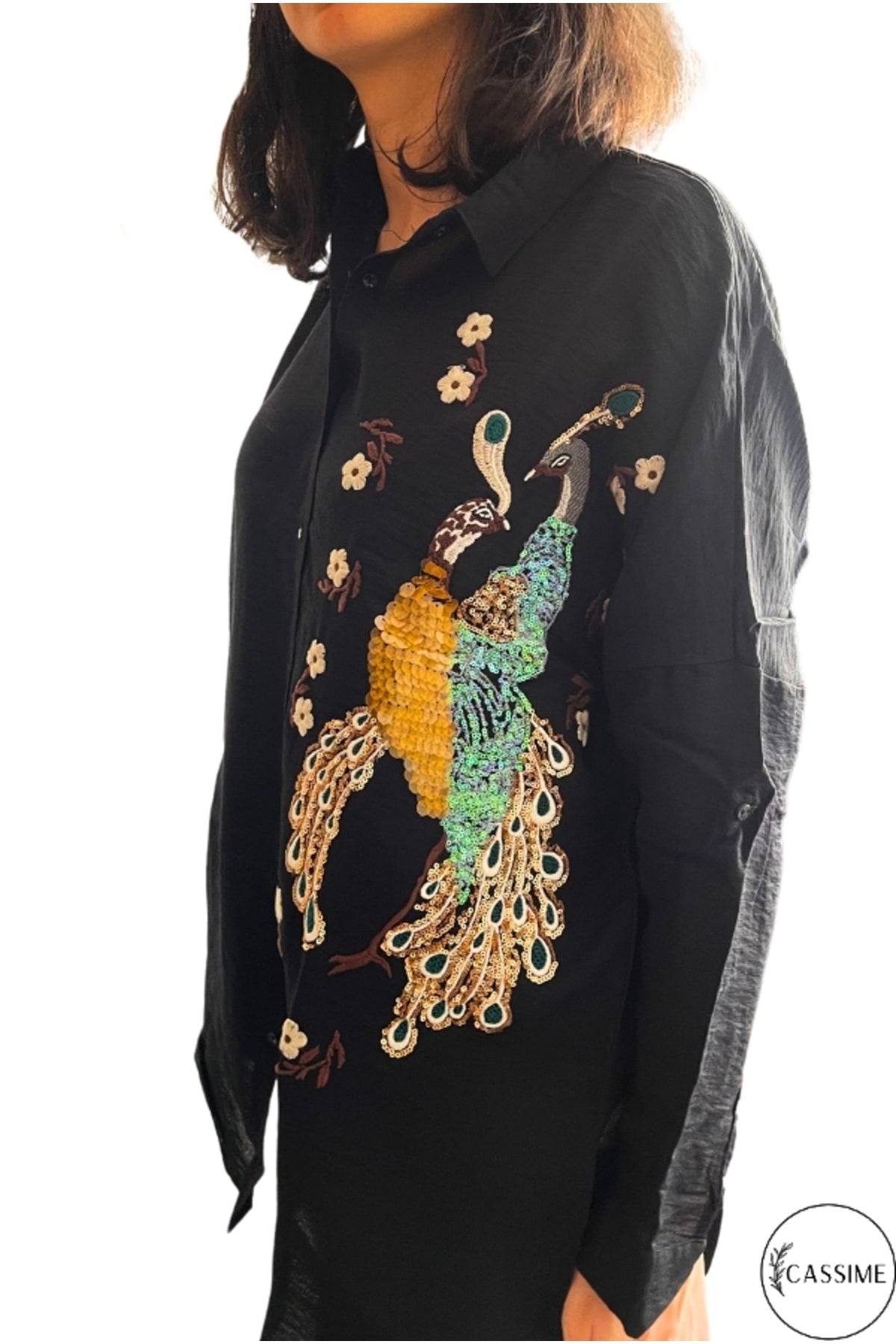 Emily Women's Peacock Sequin Oversized Shirt - Black Peacock