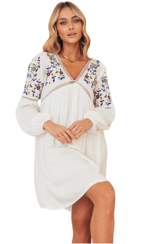 Colette Women's Cotton Blend Floral Embroidered Long Sleeve Summer Dress - White