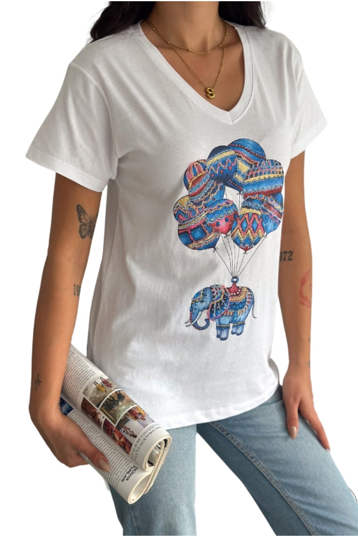 Olivia Women's Cotton Plus Size Embellished V-Neck T-Shirt - White with Balloon Elephant Sequins