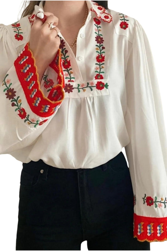 Coral Women's Cotton Blend Vintage Inspired Floral Embroidered Blouse - Red Floral