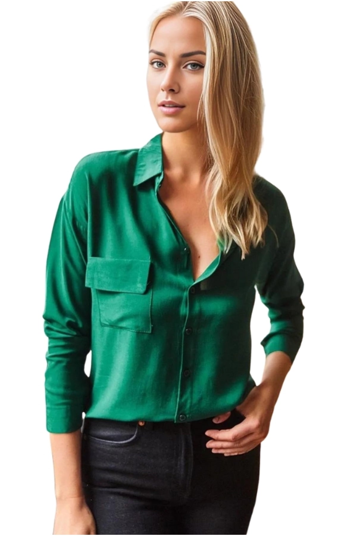 Iris Women's Viscose Relaxed Fit Pocket Shirt - Emerald and Green