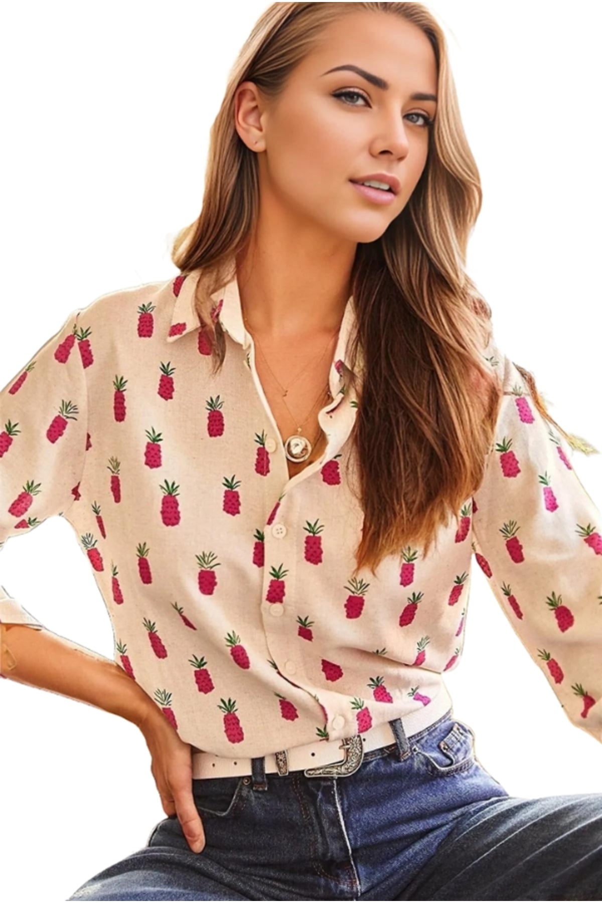 Gabrielle Women's Linen Blend Pineapple Print Roll-Sleeve Shirt - Fuchsia Pineapple