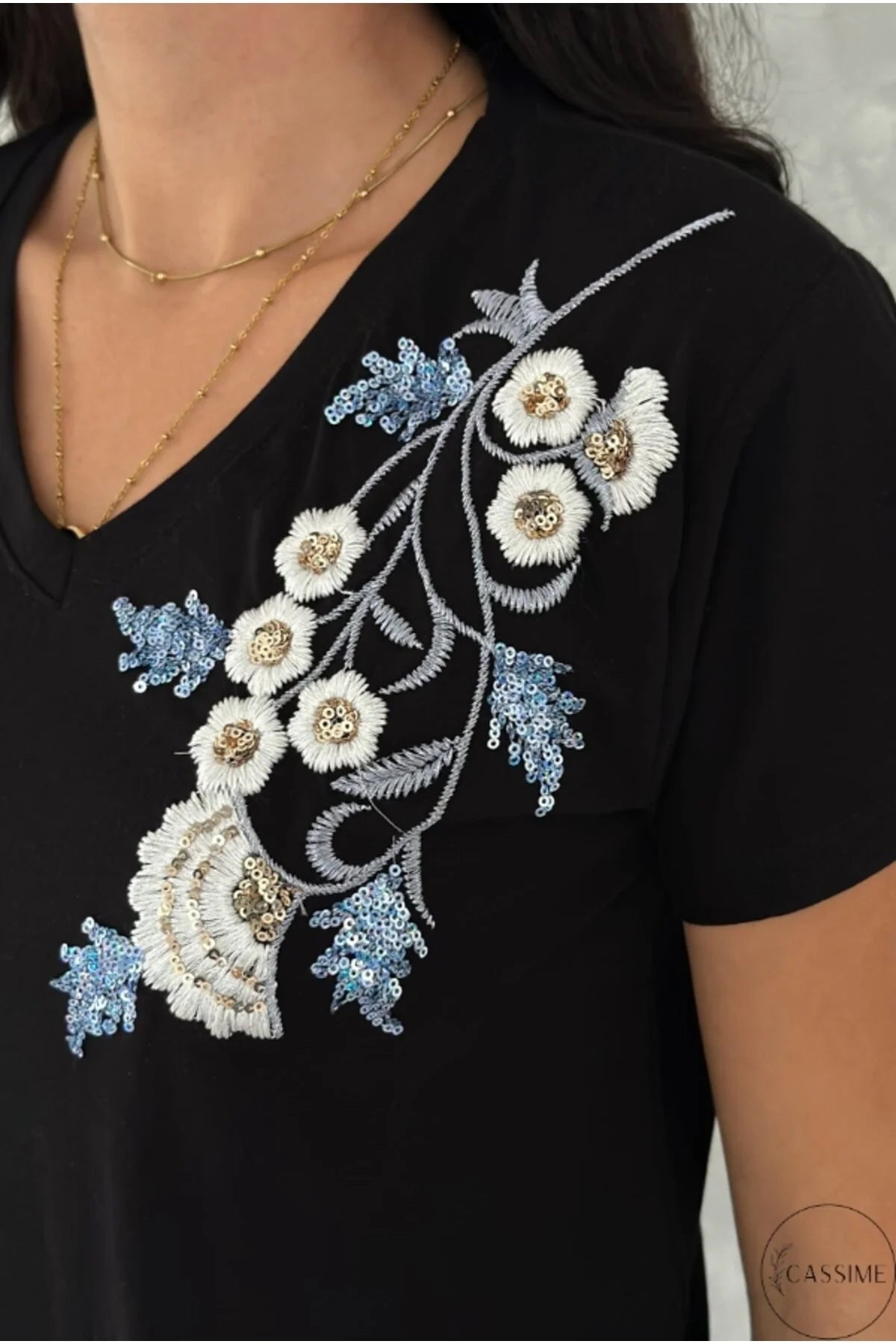 Tilda Black Floral Sequin Cotton T-Shirt