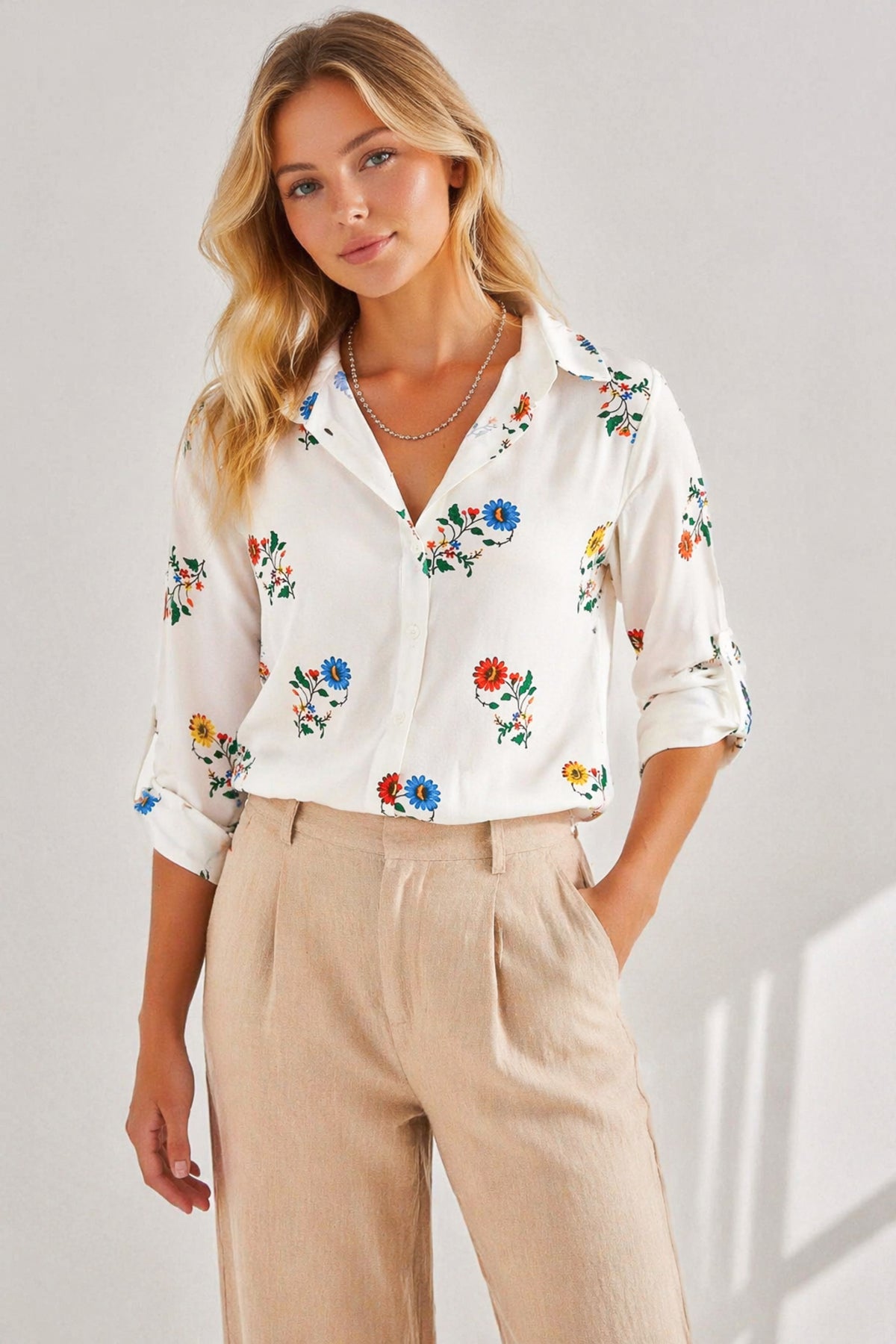 Amelia Women's Viscose Long Sleeve Button-Up Shirt - White with Bright Multicolor Flowers
