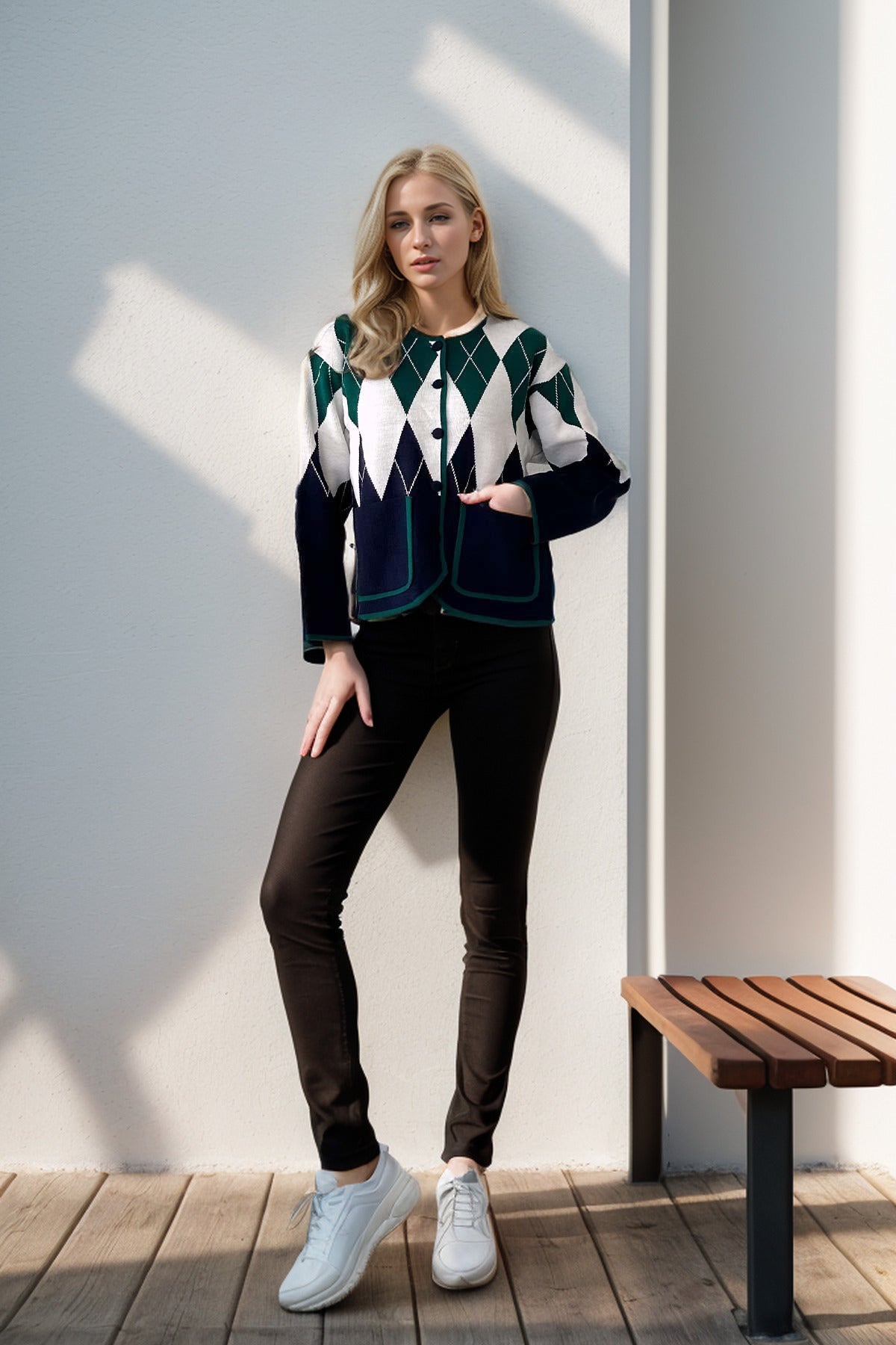 Sienna Women's Argyle Button-Up Cardigan - Green and Navy