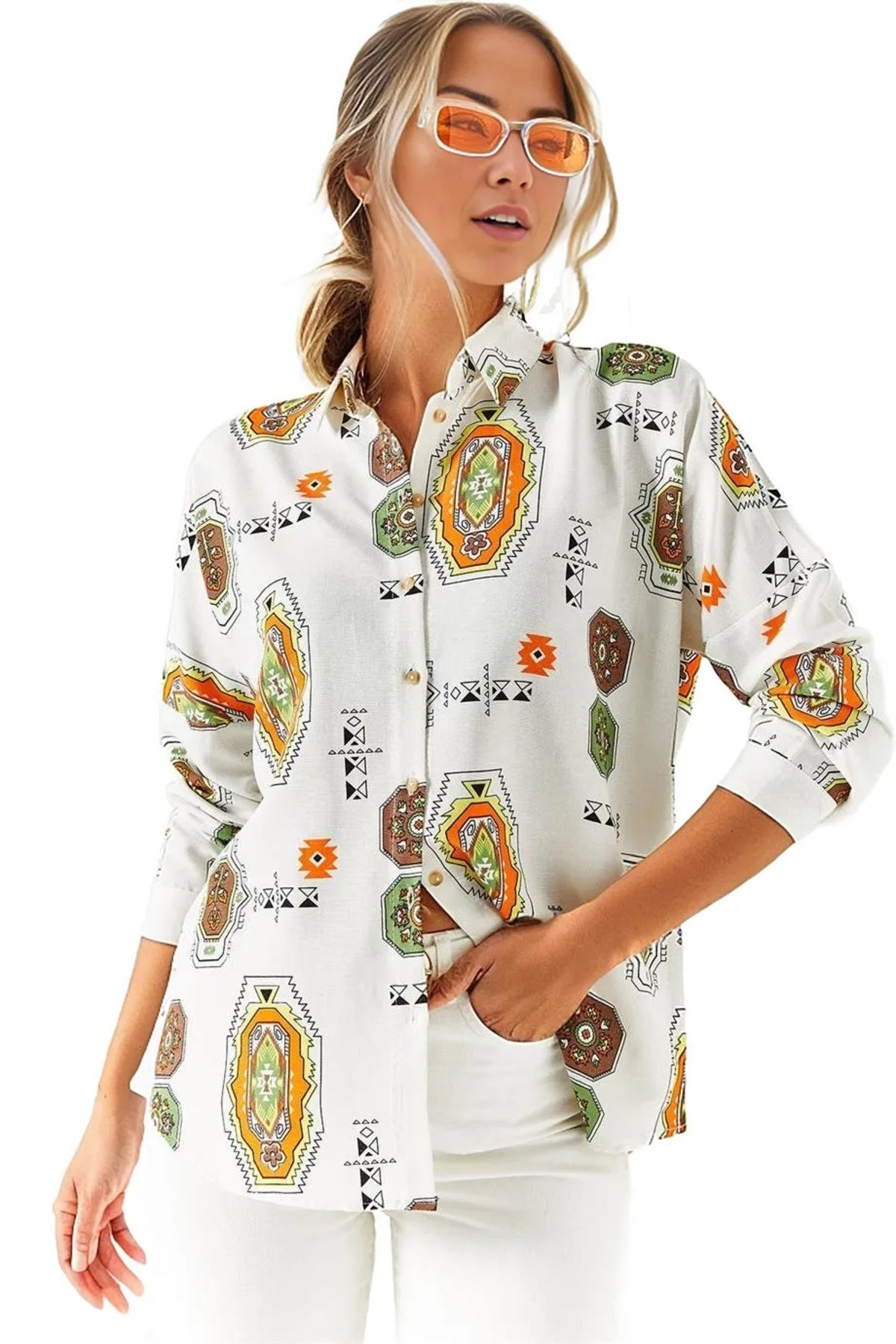 Emilia Women's Linen-Viscose Blend Oversized Printed Shirt - Brown Boho Print