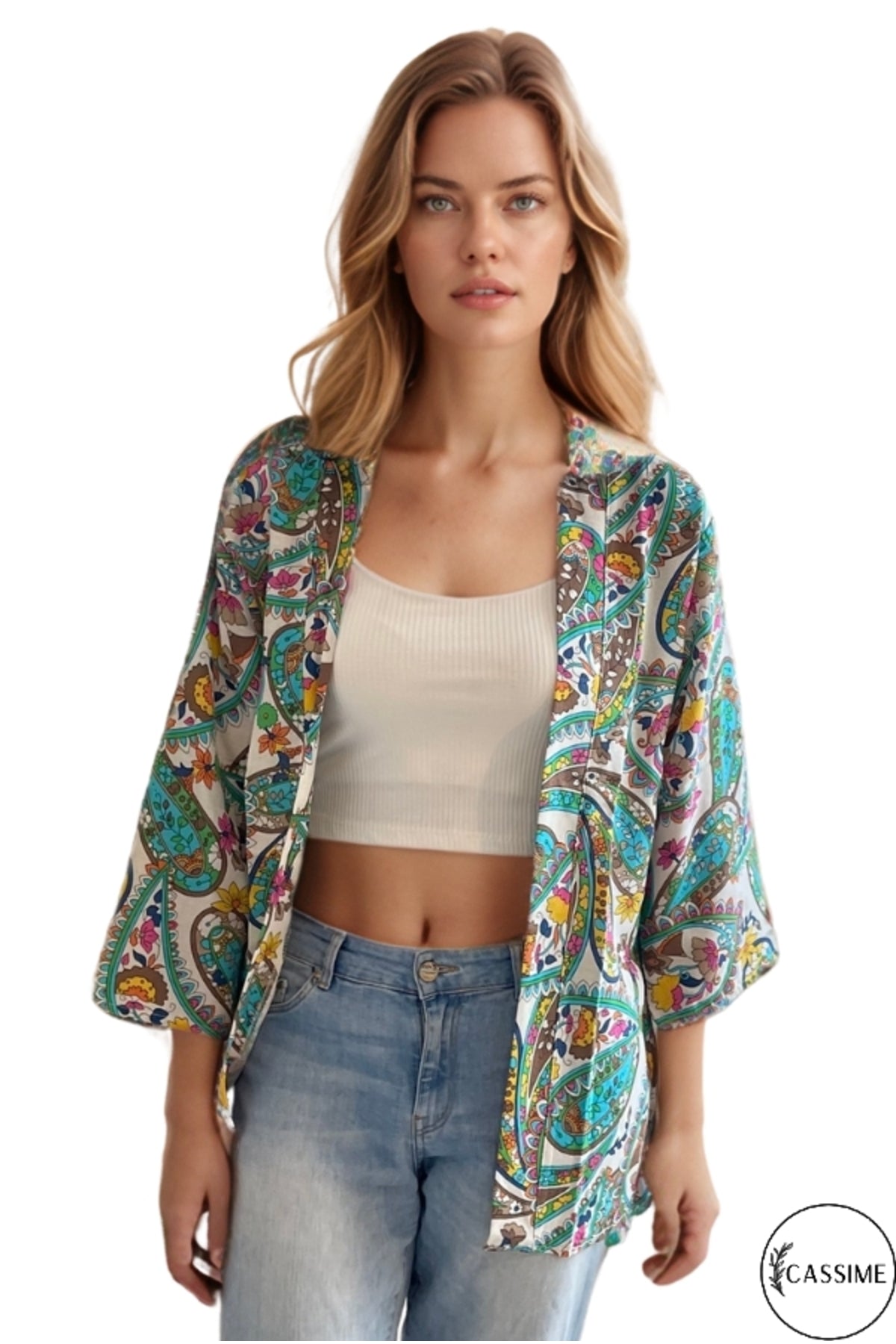 Catherine Women's Linen-Viscose Blend Relaxed Fit Kimono - Green and Pink Print