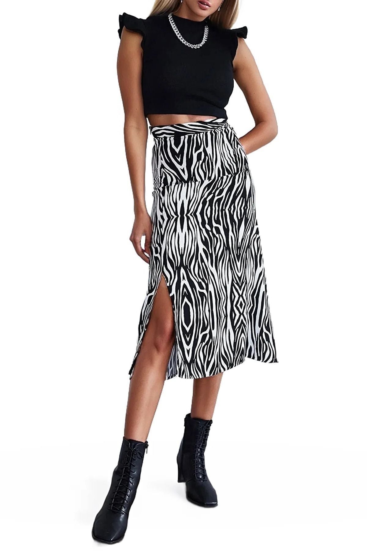 Genevieve Women's Viscose Midi Skirt with Side Slit - Black and White Zebra Print