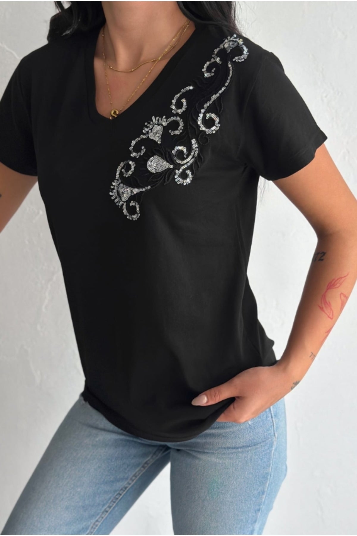Olivia Women's Cotton Plus Size Embellished V-Neck T-Shirt - Black with Branch Shoulder Embroidery