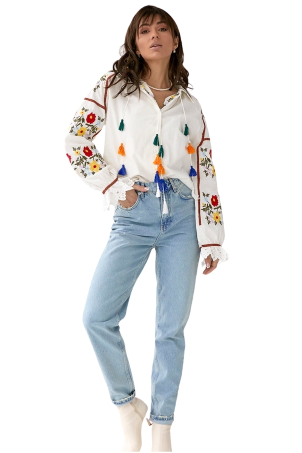 Addison Women's Cotton Vintage Inspired Floral Embroidered Blouse - White