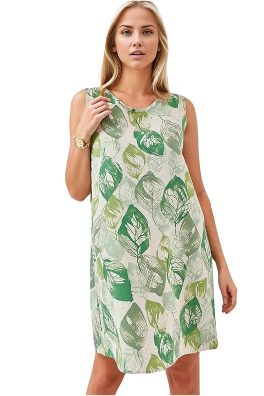 Charlene Women's Linen-Viscose Blend Floral Sleeveless Summer Dress - Green Leaf Print