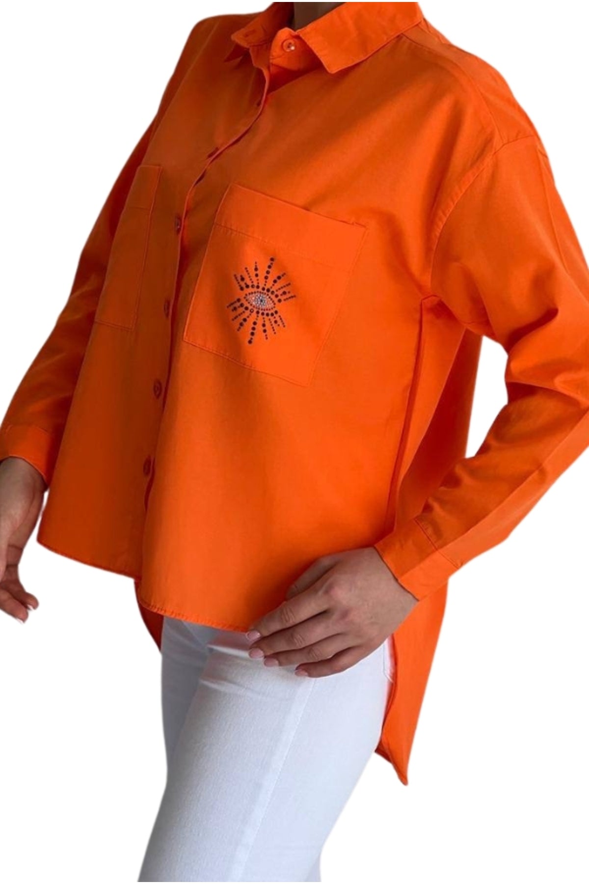 Josephine Women's Cotton Embellished Evil Eye Pocket Shirt - Orange