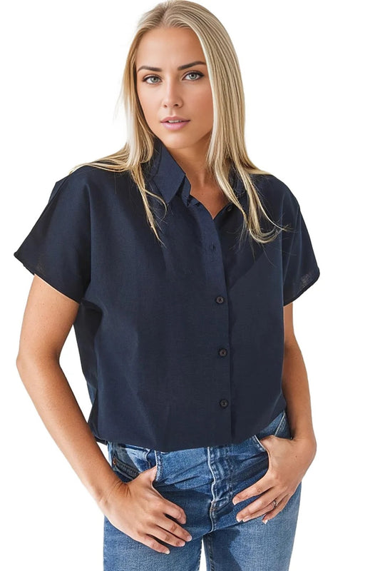 Jocelyn Women's Oversized Short Sleeve Batwing Shirt - Navy