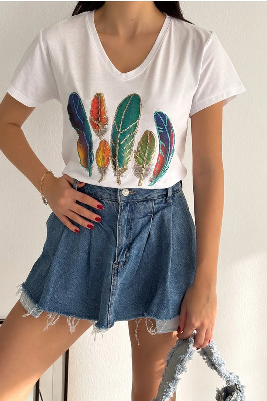 Camiseta de algodón Tilda con lentejuelas, diseño floral en negro y azul