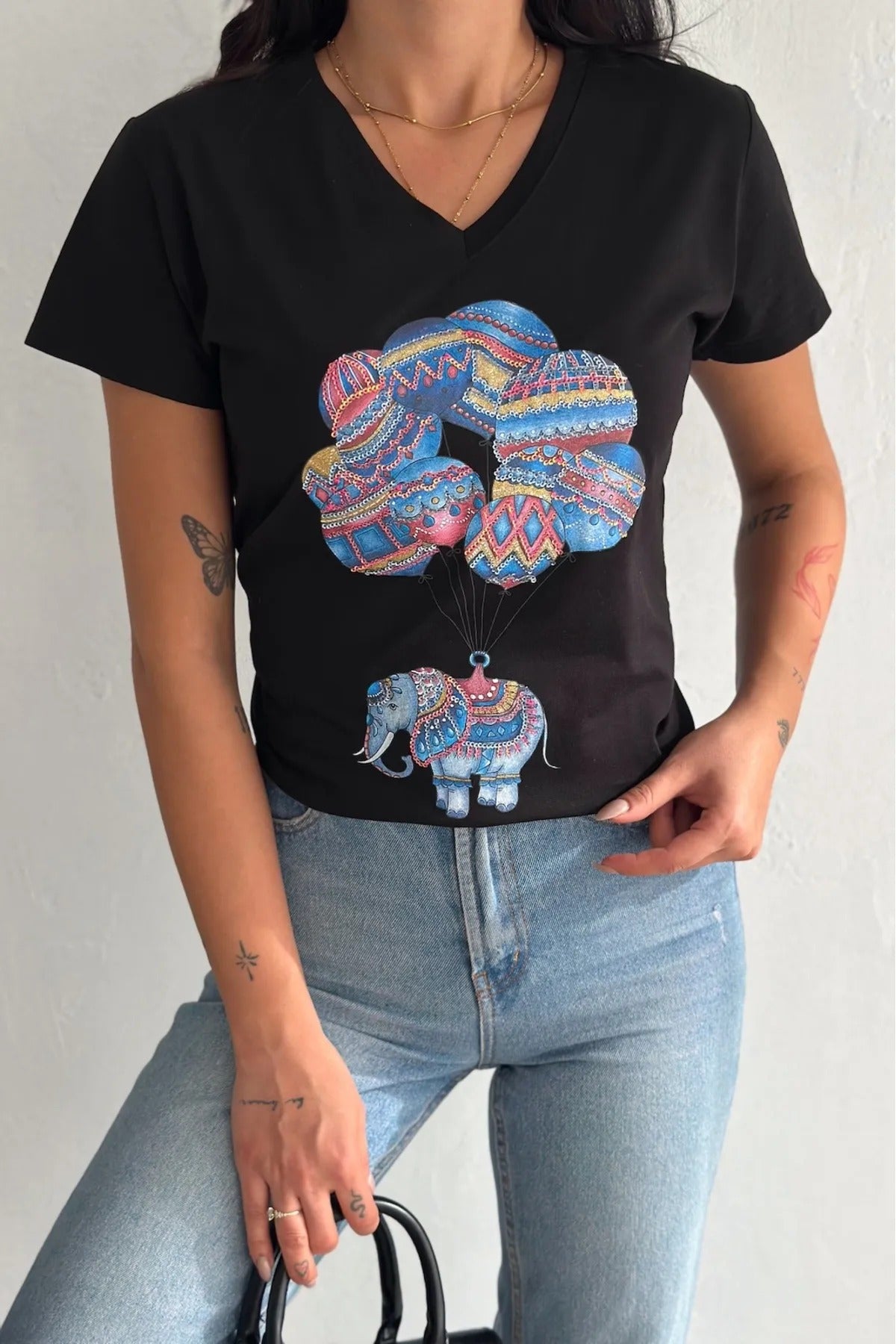 Tilda Black Elephant Balloon Sequin Cotton Short Sleeve T-Shirt