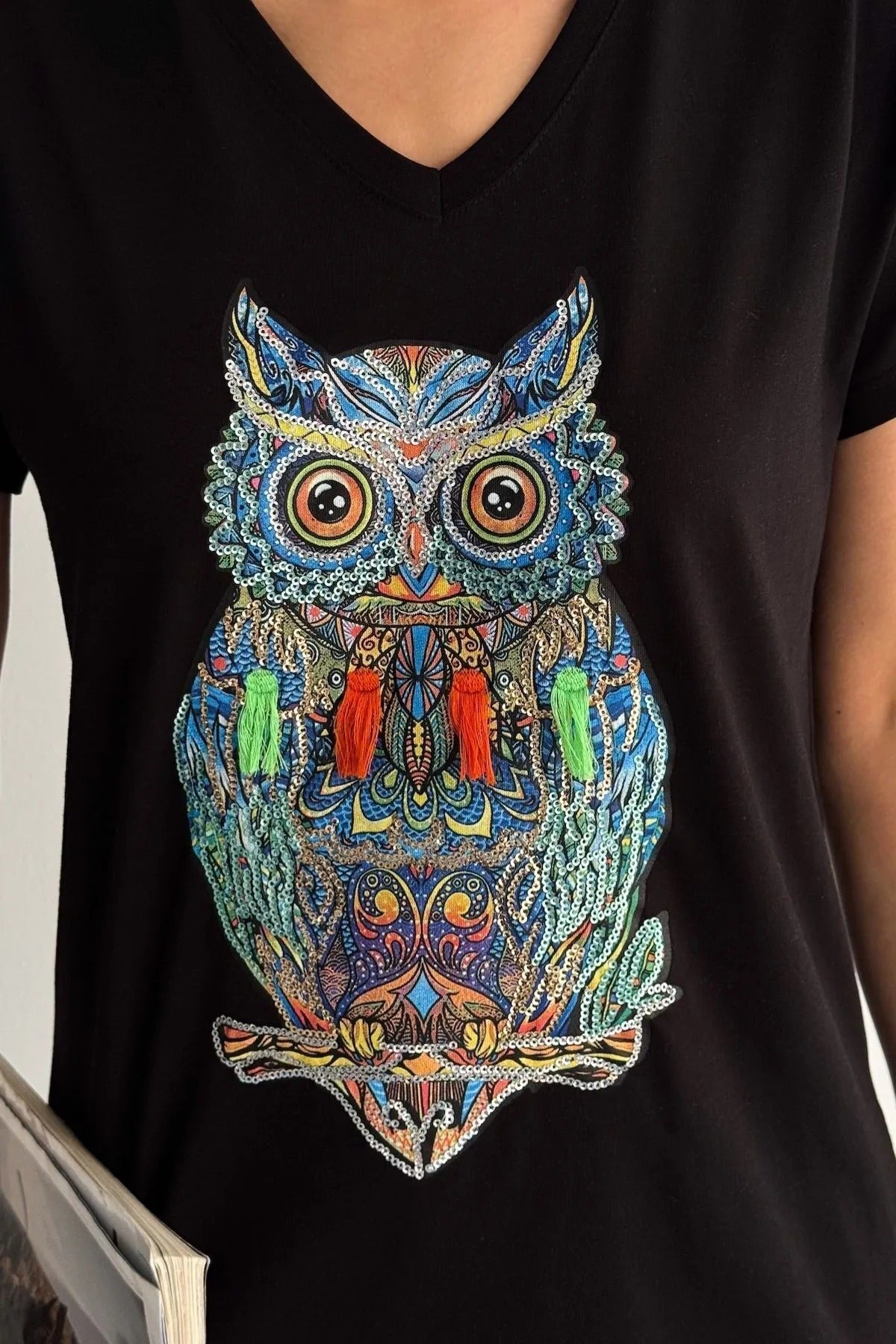 Tilda Black Owl Floral Design Cotton T-shirt