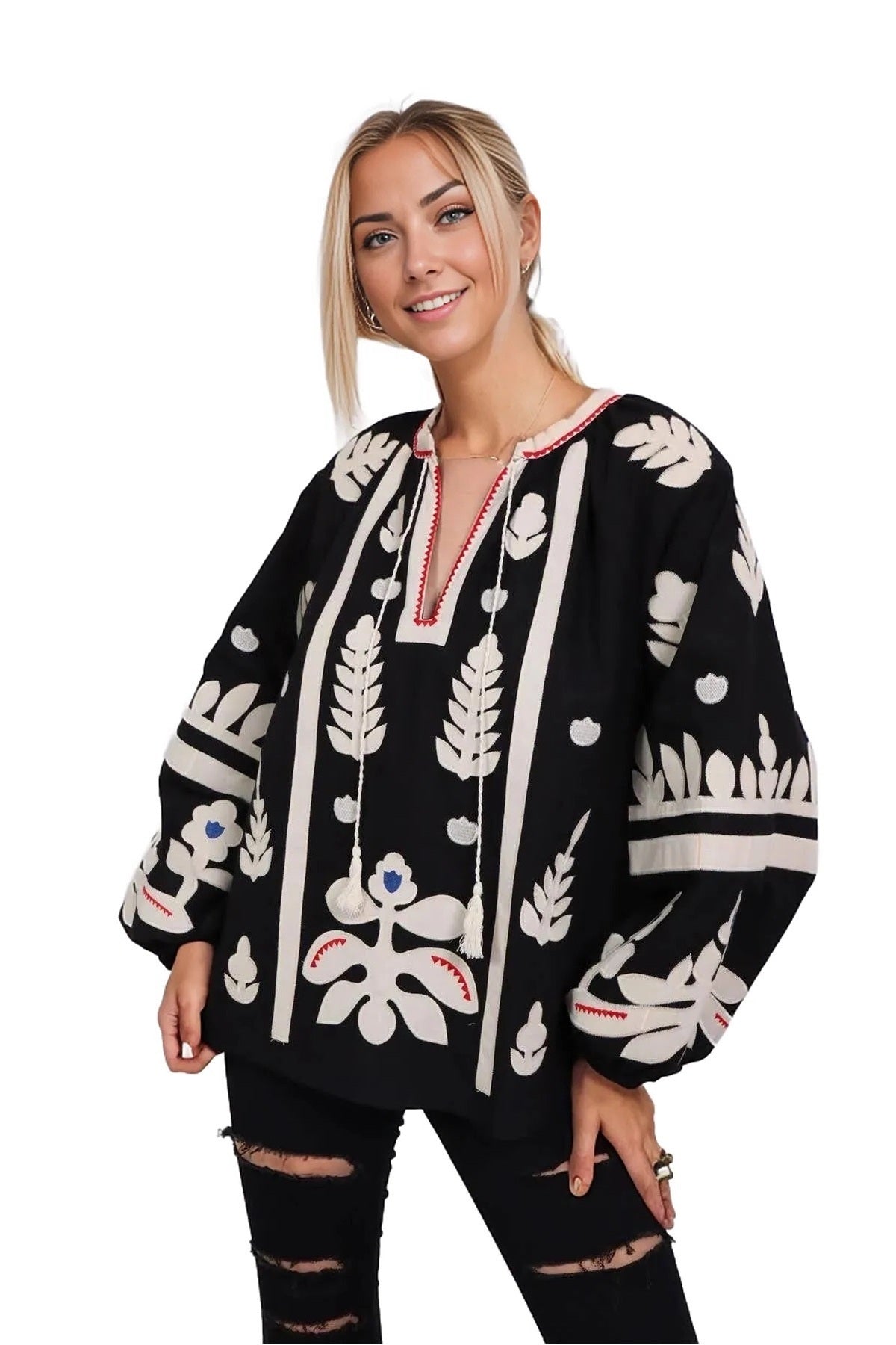 Paige Women's Cotton Embroidered Long Sleeve Woven Blouse - White with Black Embroidery
