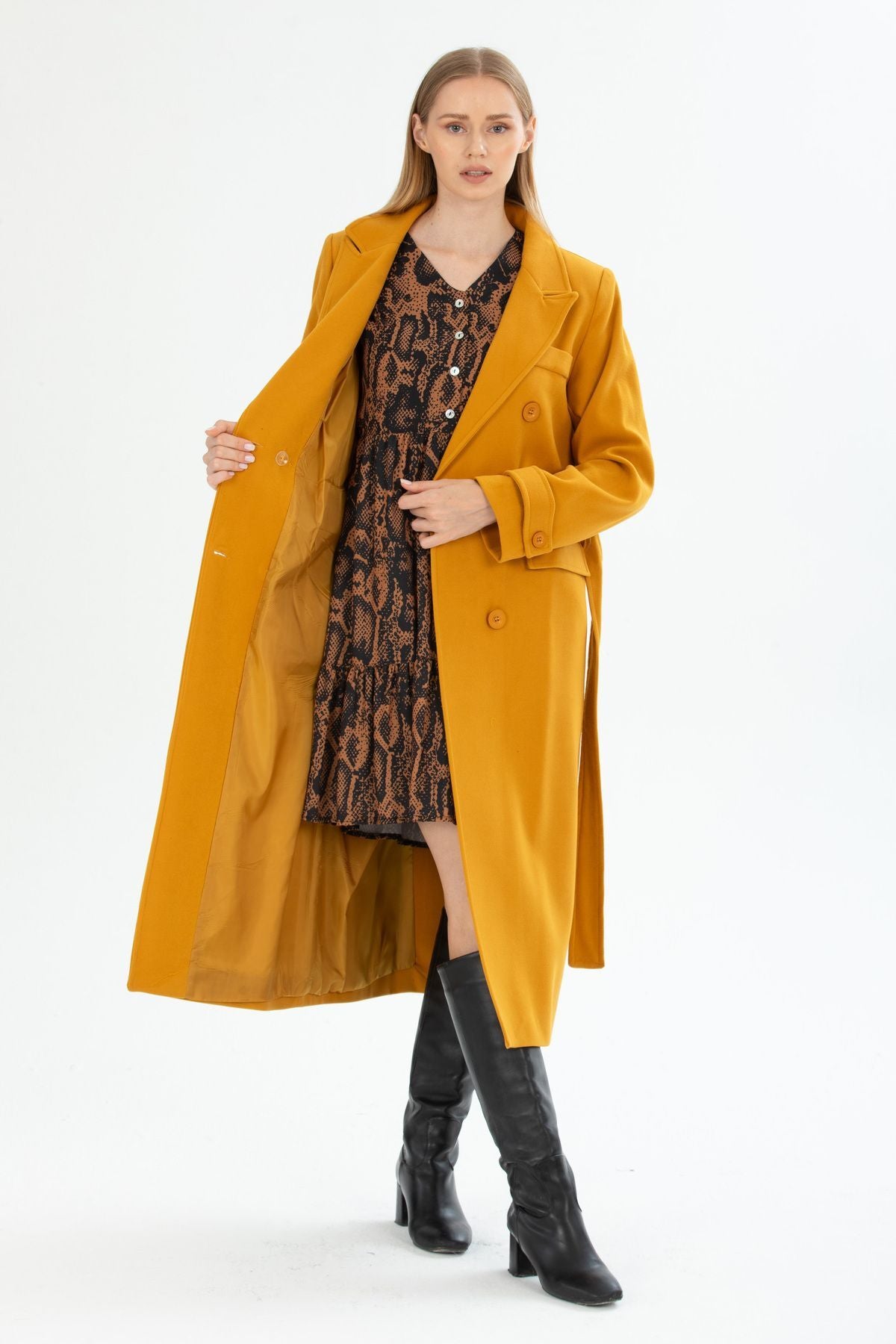 Belinda Women's Belted Notched Collar Coat - Mustard - product image 4