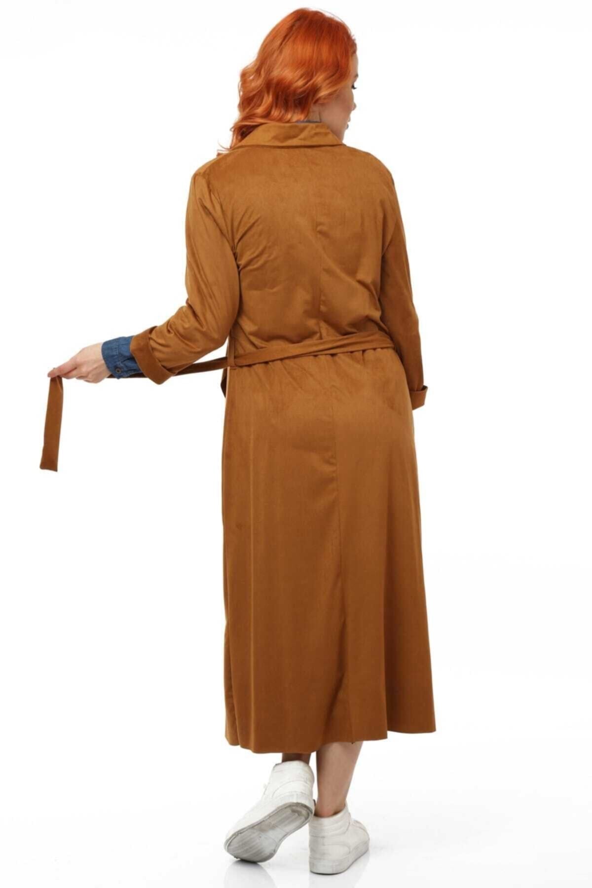Aisha Women's Belted Denim Suede-Effect Trench Coat - Cognac Brown - product image 4