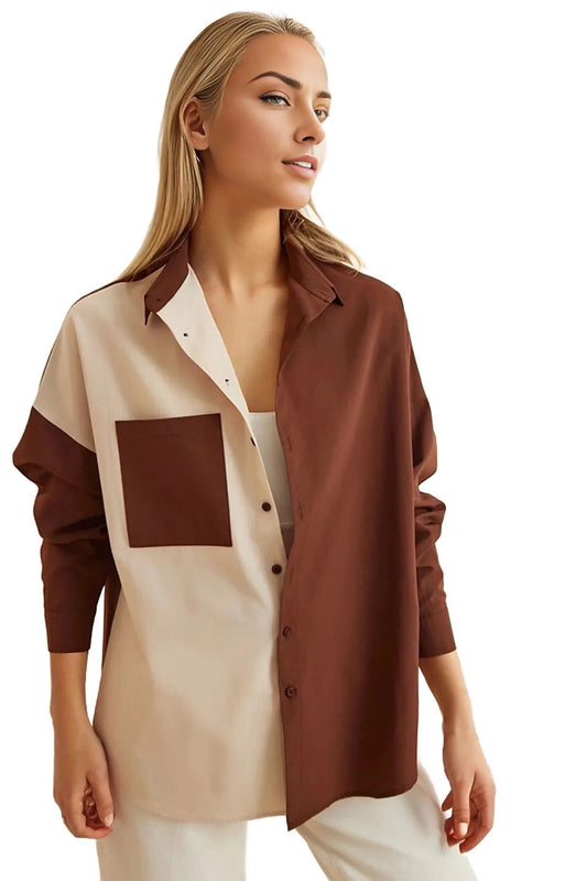 Joyce Women's Colorblock Button-Up Shirt - Brown and Cream